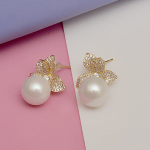 Estella Diamond Studded Pearl Earring  (30mm)